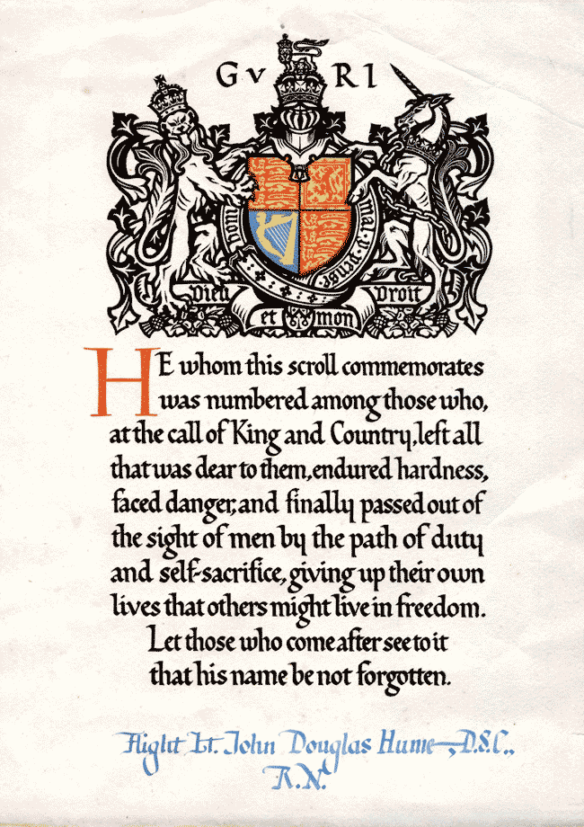 Memorial scroll recording award of the Distinguished Service Cross to John Douglas Hume. National Records of Scotland reference: GD486/210